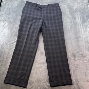 Gala Mens Pure New Wool Plaid Dress Pants Charcoal Grey Cuffed Trousers 35x30.5
